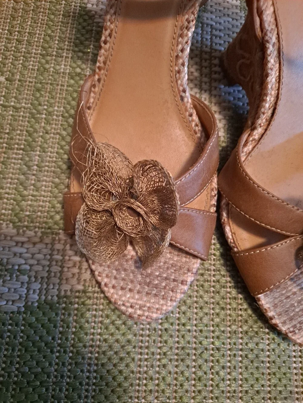 FIONI Clothing Tan Floral Wedge Sandals with Ankle Strap